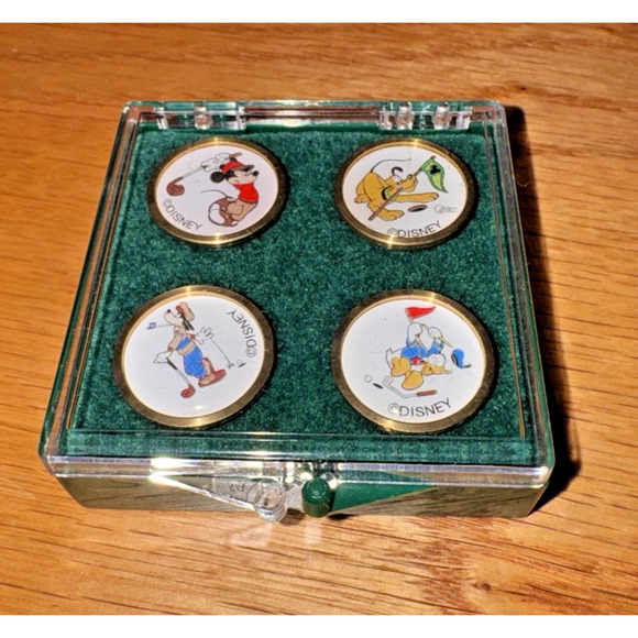 Vintage Walt Disney World Brass Golf Ball Markers Retro Mickey set 4 in Orig Box - Picture 1 of 5
